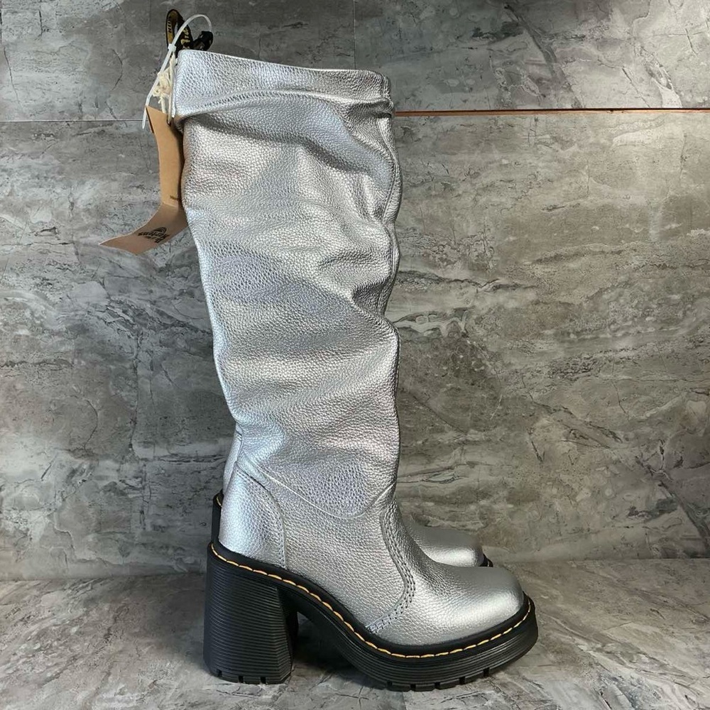 KASEY METALLIC LEATHER KNEE HIGH HEELED BOOTS - Picture 7 of 8